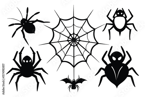 Black Halloween spiders and web silhouettes spiderweb