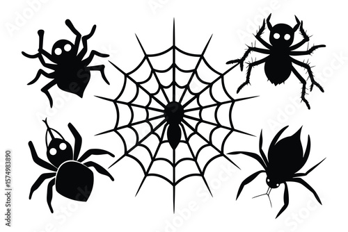 Black spiders and web silhouettes for halloween webs