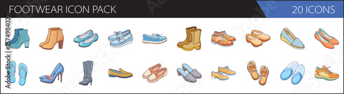 20 Footwear Icons Pack - Diverse Shoes and Boots Collection - Hand-Drawn Style Vector Illustrations Set
