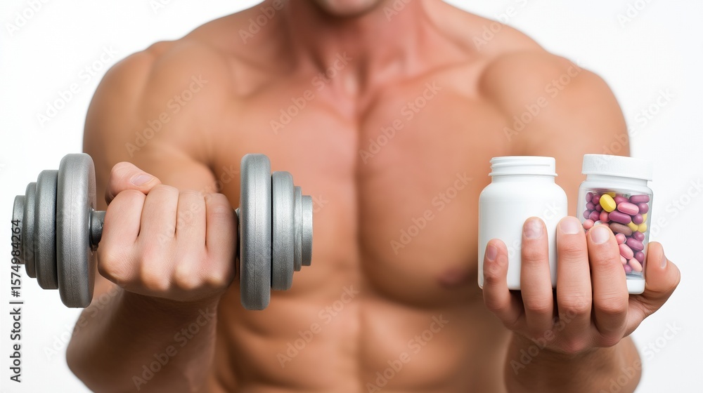 Muscular male lifting dumbbell and holding supplement bottles in gym setting Muscular male lifting dumbbell and holding supplement bottles in gym setting