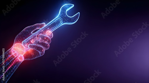 Wireframe hand holds a glowing wrench tool in a digital construction concept.