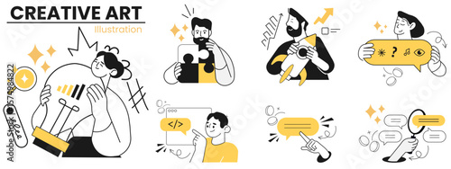 A set of diverse illustrations showcasing creative individuals engaged in various aspects of innovation. Creative professionals with diverse skills, celebrating innovation and ideas.