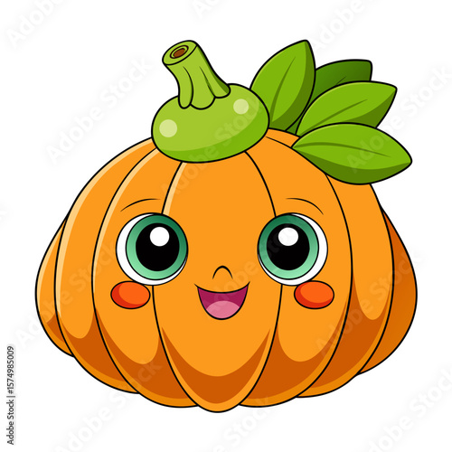 Fat squashy pumpkin with leafy wig, bashful cheeks, blinking glossy eyes, and puffy frame, on white background.
