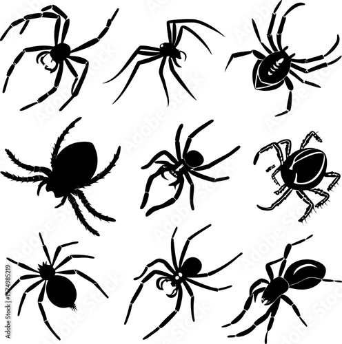 Spider silhouette bundle set vector A collection of 9 black spider silhouettes in various poses, including jumping, standing, sitting, and digital use with white background