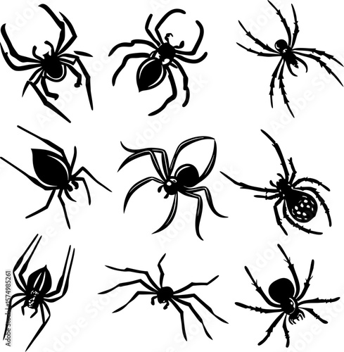 Spider silhouette bundle set vector A collection of 9 black spider silhouettes in various poses, including jumping, standing, sitting, and digital use with white background