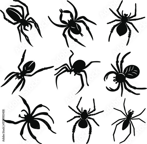 Spider silhouette bundle set vector A collection of 9 black spider silhouettes in various poses, including jumping, standing, sitting, and digital use with white background