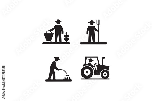 Collection of Black and White farmer or farming worker Icons.This image features four simple, black silhouette icons of farmers engaged in various agricultural tasks.