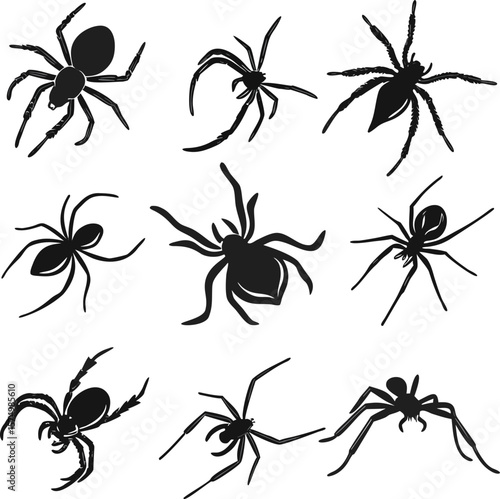Spider silhouette bundle set vector A collection of 9 black spider silhouettes in various poses, including jumping, standing, sitting, and digital use with white background