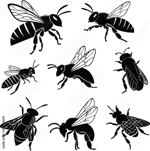 Bee silhouette bundle set vector A collection of 9 black bee silhouettes in various poses, including jumping, standing, sitting. Each silhouette is clean and minimal,contrast, 
