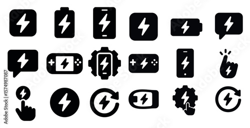 Collection of black and white icons that represent various electronic devices and their power sources. The icons include a cell phone, a game controller, a remote, a keyboard, a mouse