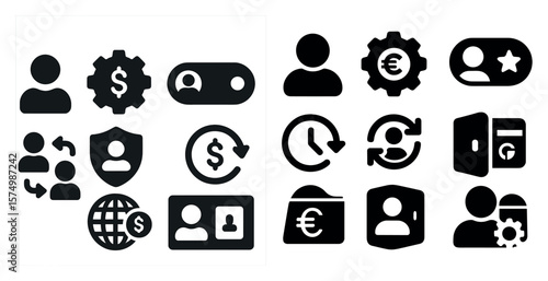 Set: Person, gear, toggle, exchange, shield, clock, card, refresh, euro, profile, wallet, ID, stars, world.