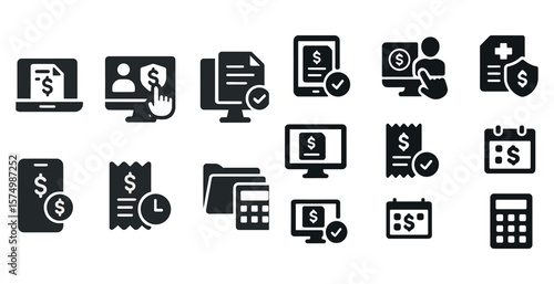 Set of financial icons: laptop, user, document, tablet, folder, calculator, receipt, calendar.