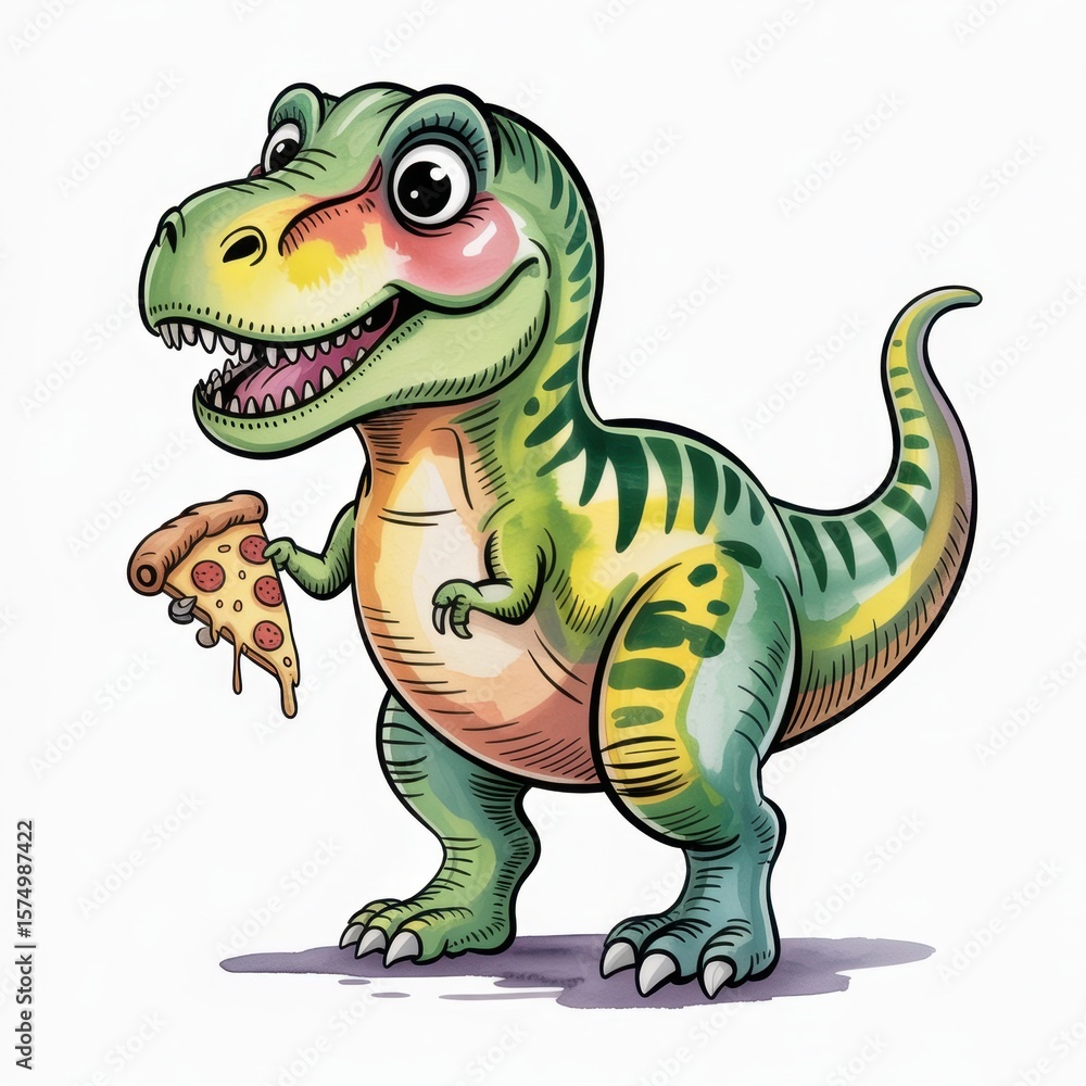 Fototapeta premium Cute Dinosaur Enjoying Pizza in a Vibrant Watercolor Illustration