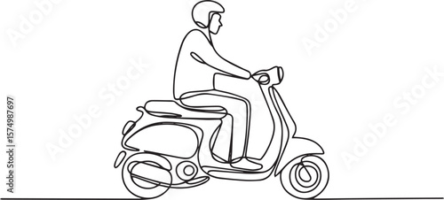 A man riding motor scooter in continuous one line drawing, minimalist retro scooter vector illustration

