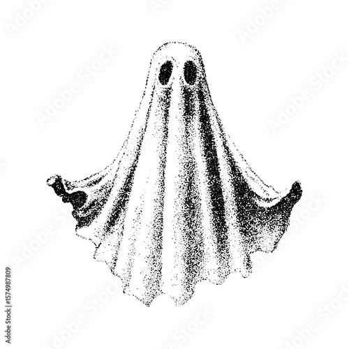 Creepy Halloween ghost collage element with vintage stippling photocopy effect. Retro vector illustration for psychedelic surreal poster, with experimental grunge dotted texture
