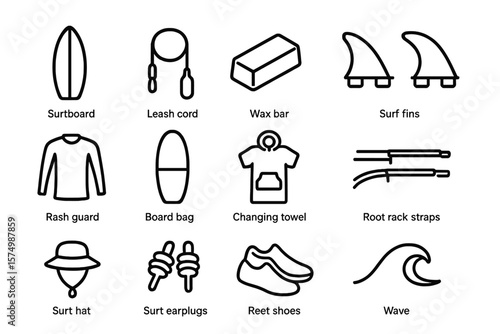 Essential surfing gear icons: wax, rash guard, leash, fins, and more
