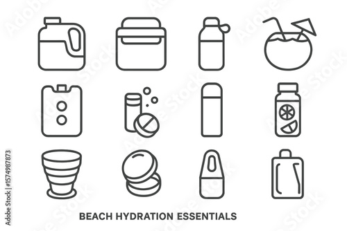 Beach hydration essentials icons for summer refreshment