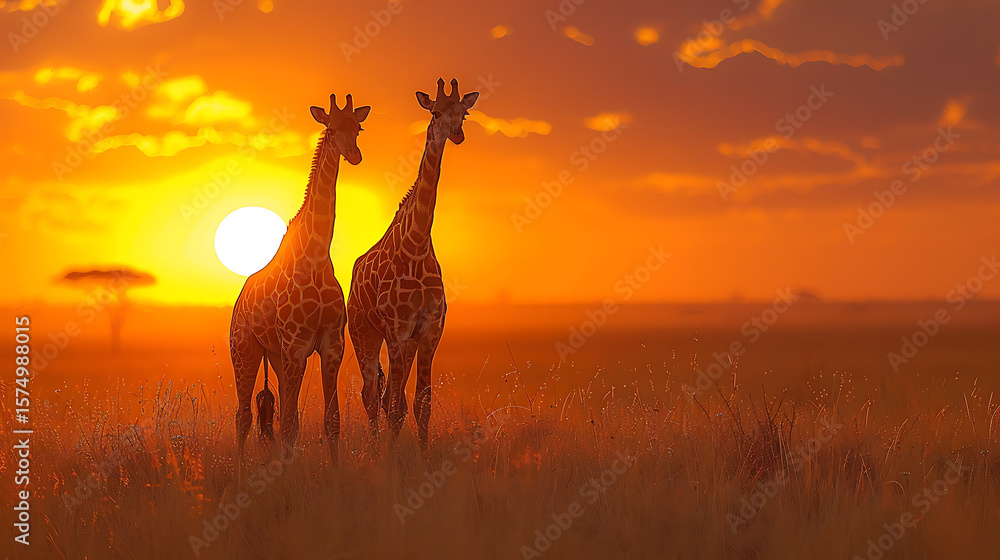 Obraz premium Giraffes silhouetted against a vibrant orange sunset in a tranquil savanna landscape