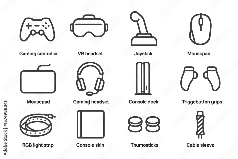 Fototapeta premium Gaming accessories icons: controller, headset, joystick, mousepad, grips