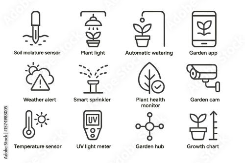 Smart garden technology icons for efficient plant monitoring and care