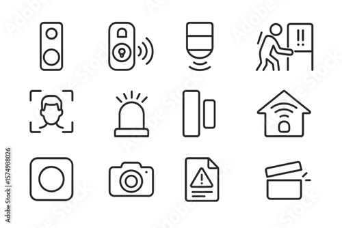 Smart home security icons set for safety and surveillance enhancement