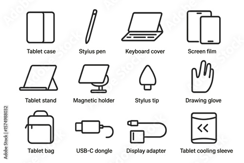 Essential tablet accessories collection: cases, stylus, stands, holders, adapters