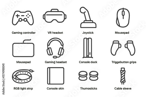 Gaming accessories icons: controller, headset, joystick, mousepad, grips