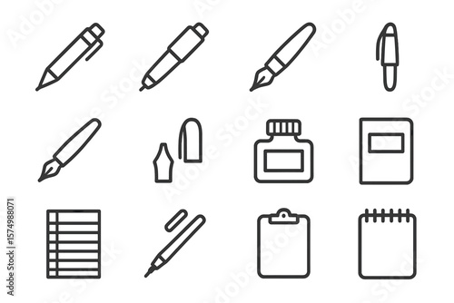 Black background office icons including pens, notebook, ink bottle, and clipboard