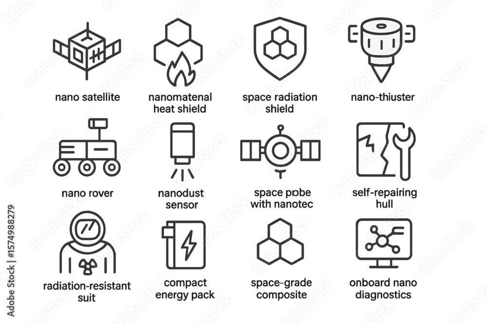 Fototapeta premium Space nanotechnology icons set highlighting nano-thruster and nano satellite