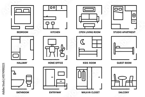 Floor plan icons: bedroom, kitchen, living room, home office, bathroom
