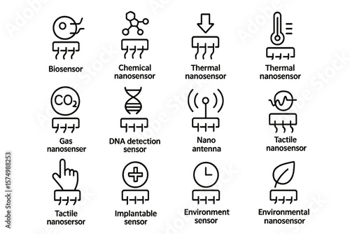 Various types of nanosensor icons on dark background