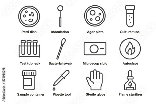Laboratory equipment icons: petri dish, test tubes, microscopes, and more