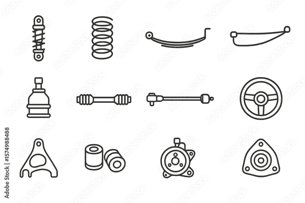 Car suspension and steering parts icon set on dark background