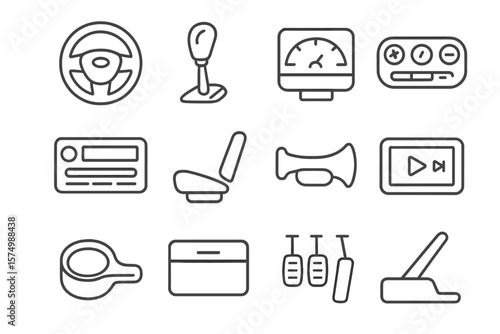 Car interior icons set: steering wheel, gear shift, pedals, dashboard display