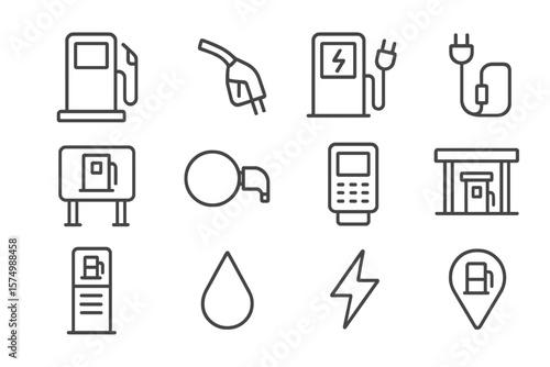 Gas and electric station icons: pump, charger, nozzle, payment, energy symbols