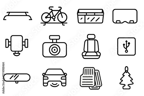 Car interior feature icons set: usb, camera, air freshener, steering wheel