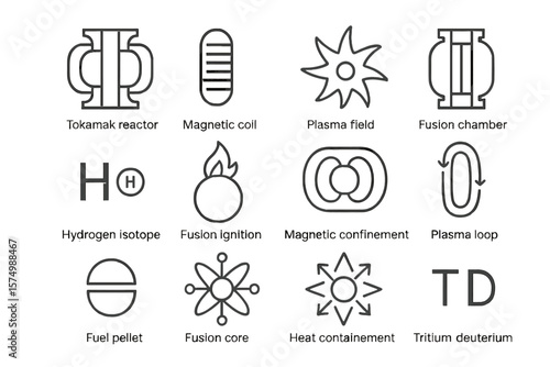 Tokamak reactor and plasma fusion icons on metallic gradient background