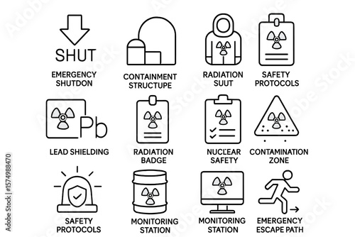 Nuclear safety protocols icons for emergency and radiation protection