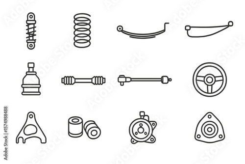 Car suspension and steering parts icon set on dark background