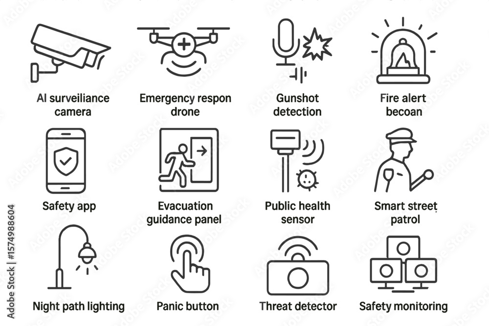 Fototapeta premium Smart city safety: surveillance, drones, sensors, apps, and emergency tools