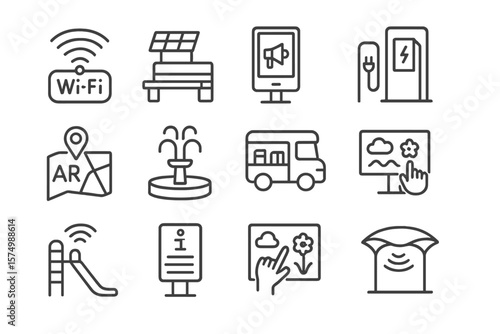 Smart city icons featuring technology, transportation, and infrastructure