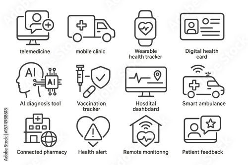 Healthcare technology icons: telemedicine, ai tools, wearable trackers