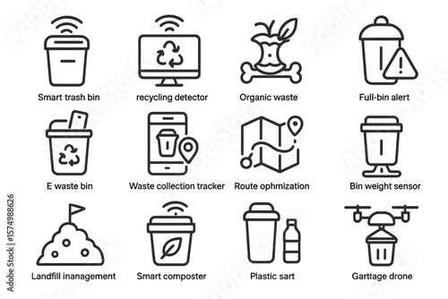 Smart waste management icons: recycling, composting, waste, optimization, alerts