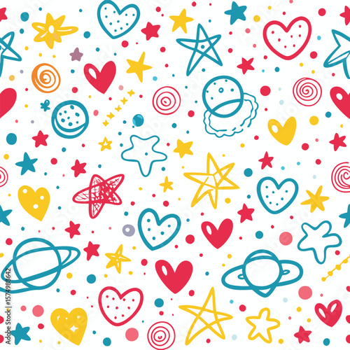Colorful, playful pattern of hand-drawn stars, hearts, planets, and circles on a white background.  A whimsical and cheerful design