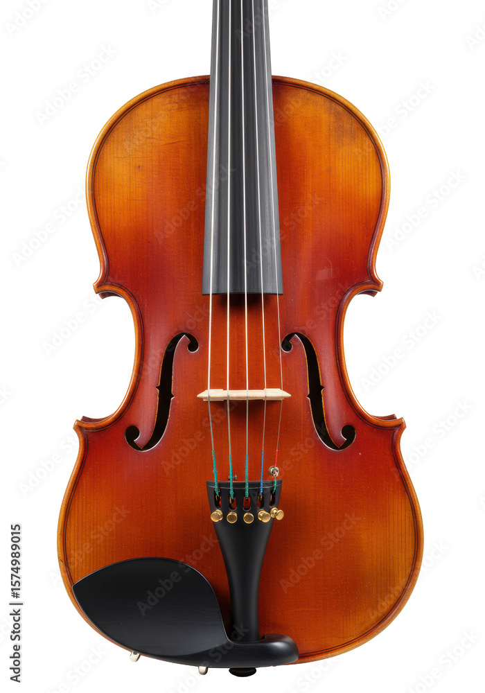 Classic wooden violin, rich brown-red tones, polished, with carved scroll, F-holes, and black chin rest, on a plain transparent studio background with no shadows, pristine display of craftsmanship Classic wooden violin, rich brown-red tones, polished, with carved scroll, F-holes, and black chin rest, on a plain transparent studio background with no shadows, pristine display of craftsmanship