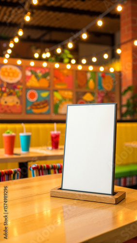 Wallpaper Mural Blank menu card in vibrant restaurant setting with colorful decor   Torontodigital.ca