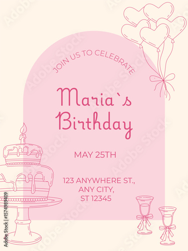 Pink birthday invitation card with cake, glasses, heart balloons, and the text "Maria's Birthday." Cute minimalist design for a festive celebration.