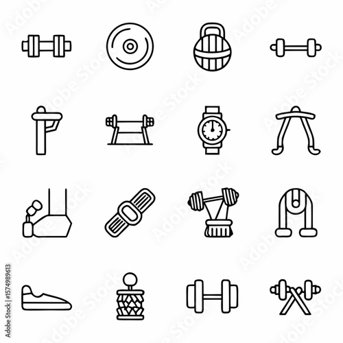 Gym fitness equipment vector icons set dumbbell weight barbell watch and more fitness training workout exercise 100