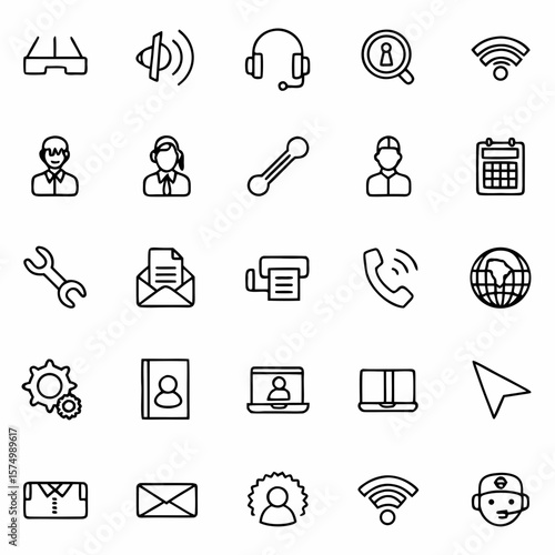 Set of business communication icons for support and contact center services and office technology use