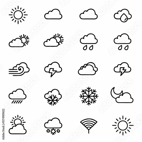 Weather forecast icons set sun cloud rain snow wind thunderstorm moon vector symbols for weather app and design